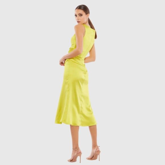 Mac Duggal Size 14 Chartreuse Green Yellow Satin Ruched V-Neck Midi Party Dress - Picture 4 of 4